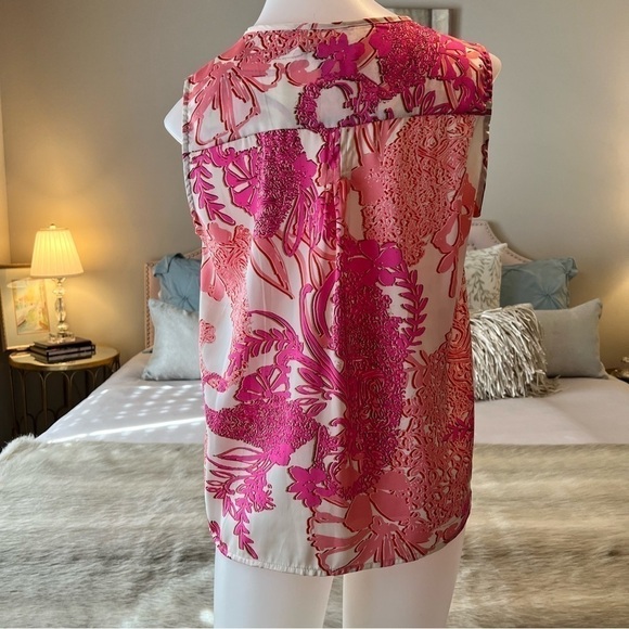 COLDWATER CREEK Pink White Floral XS 4 6 Sleeveless Tie Tunic Lightweight Shirt - Picture 3 of 13